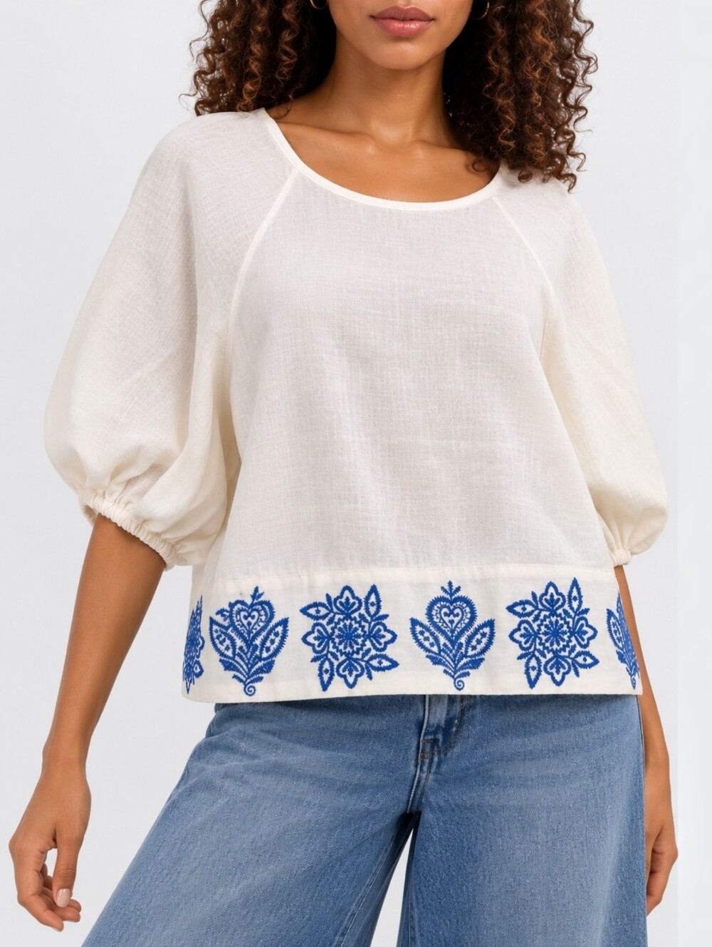 House of Harlow 1960 Linen Blend Embroidered Puff Sleeve Boho Top Blue White S